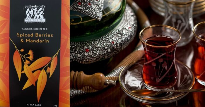 Spiced berries and mandarin in Australian green tea with pepperberries, enjoy a taste of the orient