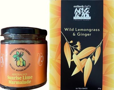 A great little gift that depicts uniquely Australian bush products, both tea and desert lime marmalade