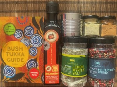 Bushfood collection hamper with a Bushtucker book, desert lime olive oil, mixes spices and more